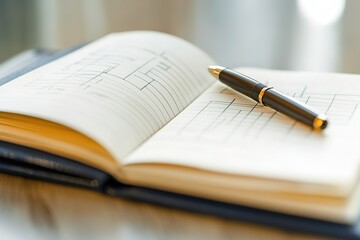 Open notebook with pen on wooden desk, focus on pen tip, blurred background.