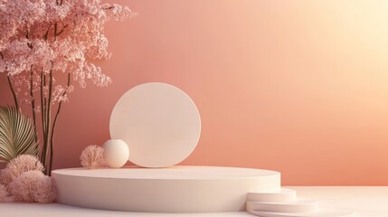Fototapeta premium Pastel Peach Minimalist Product Display Platform with Pink Floral Accents. 3D Product Podium.