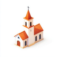 minimal isometric icon depicting church with cross and orange roof