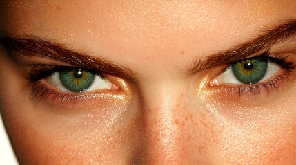 Fototapeta premium young woman's face, radiant blue eyes with natural freckles, detailed skin texture, soft lighting, isolated on white background