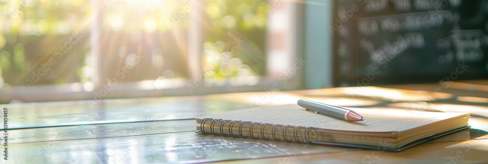 Fototapete notebook and pen placed on wooden table with sunlight streaming through a window in a cozy study are