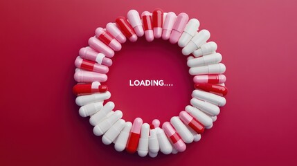 Obraz premium Red and white capsules arranged in a loading circle on a red background.