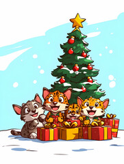 Cute cartoon cats celebrating Christmas with gifts under a decorated tree in the snow.