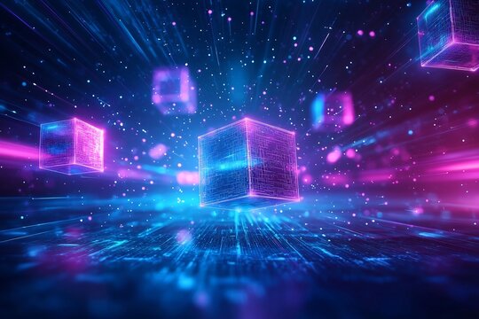 Surreal Technological Dreamscape with Floating Data Cubes and Fractal Patterns in Ethereal Light