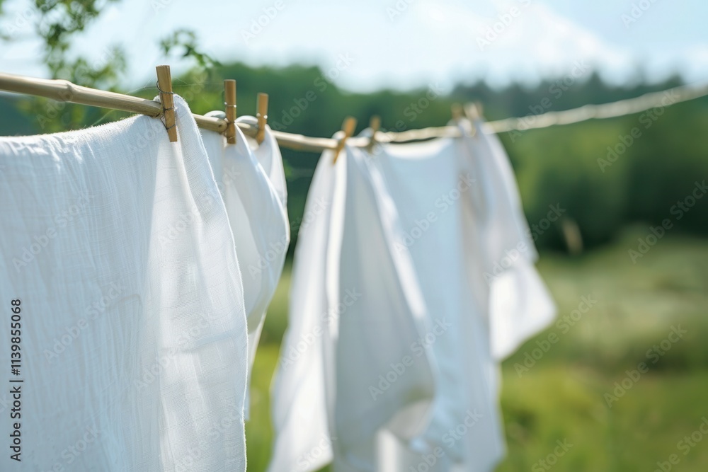Poster freshly washed linen hangs on a clothesline in a serene outdoor setting during a sunny day in the co
