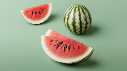 Stunning macro photograph of a watermelon slice capturing the vibrant hues and intricate patterns of the seeds surrounded by succulent flesh, elegantly isolated on a solid green background, designed