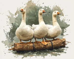 Three white geese stand together on a rustic wooden raft against a watercolor splash background. Their bright orange beaks and feet add contrast, creating a whimsical nature scene.