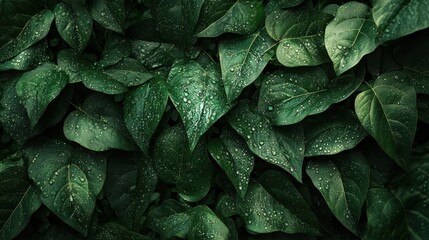 Fototapeta premium A close-up of lush green leaves with droplets of water, showcasing nature's beauty.