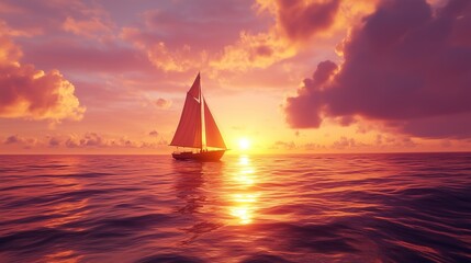 Sailboat gliding on calm ocean at sunset with vibrant clouds