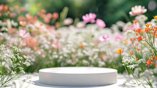 Podium flower product white 3d spring table beauty stand display nature white. Garden floral background cosmetic field scene gift day.