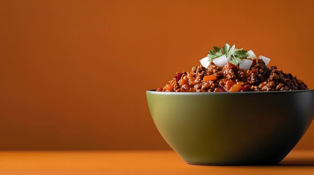 A minimalist composition capturing a hearty bowl of chili overflowing with texture, featuring visible ingredients like minced meat, onions, and spices, highlighted by a striking solid color