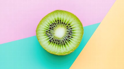A close-up shot of a halved kiwi fruit revealing its juicy green flesh and intricate seed pattern, isolated on a colorful background that enhances the fruits visual appeal and freshness.