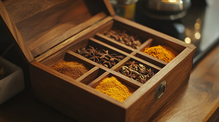 Wooden spice box with compartments