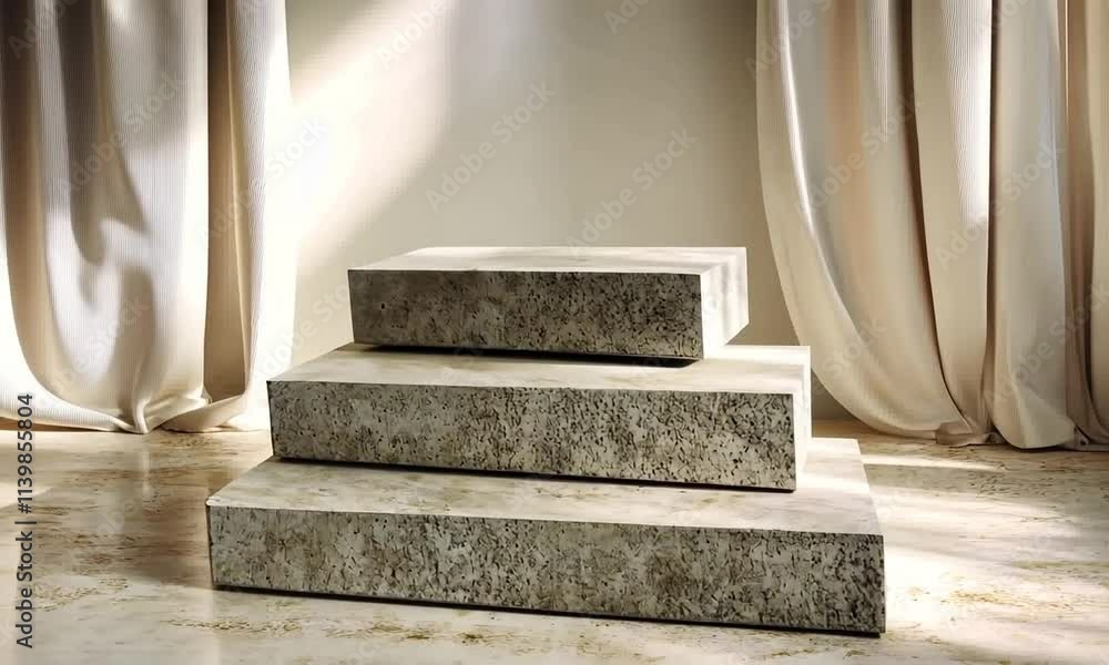 Poster three tiered stone platforms create an elegant display in a softly lit interior with flowing drapes 