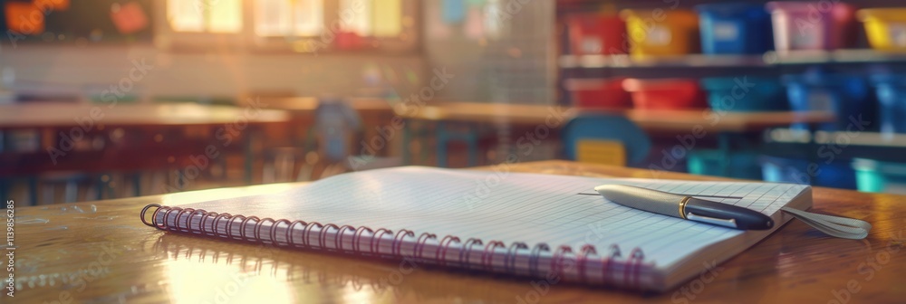 Leinwandbilder notebook and pen resting on a desk in a modern classroom filled with bright orange chairs during a s