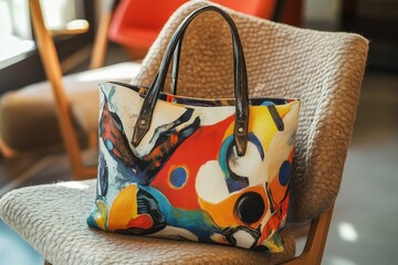 Colorful abstract tote bag rests on chair.