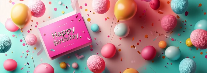 Colorful "Happy Birthday" card with balloons and confetti