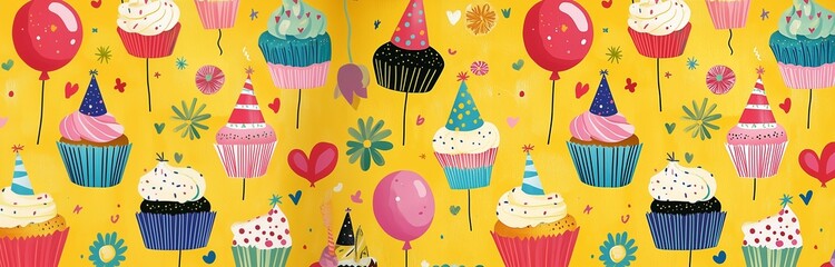 Colorful cupcakes, balloons, and confetti on yellow party background