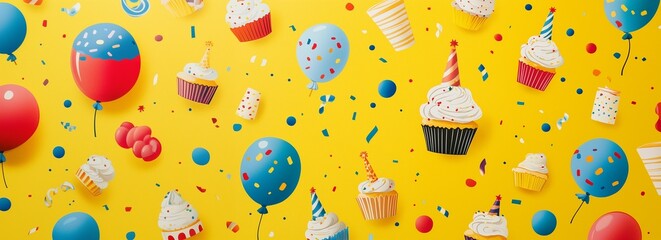 Colorful cupcakes, balloons, and confetti on yellow party background