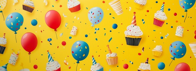 Colorful cupcakes, balloons, and confetti on yellow party background