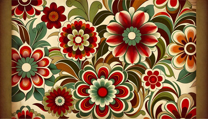 Obraz premium Tile A vintage 70s wallpaper design with large flower patterns in bold red, green, and brown, evoking a r1