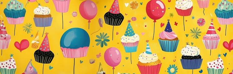 Colorful cupcakes, balloons, and confetti on yellow party background