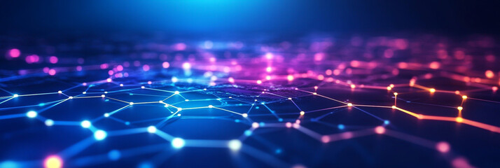 Obraz premium Abstract background with hexagons and bright lines on a blue gradient, a technology banner for a digital or futuristic concept vector presentation design