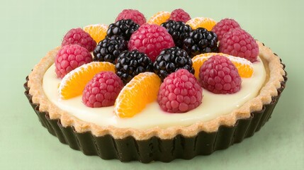 A visually captivating fruit tart, highlighted with an artistic arrangement of glistening fruits...