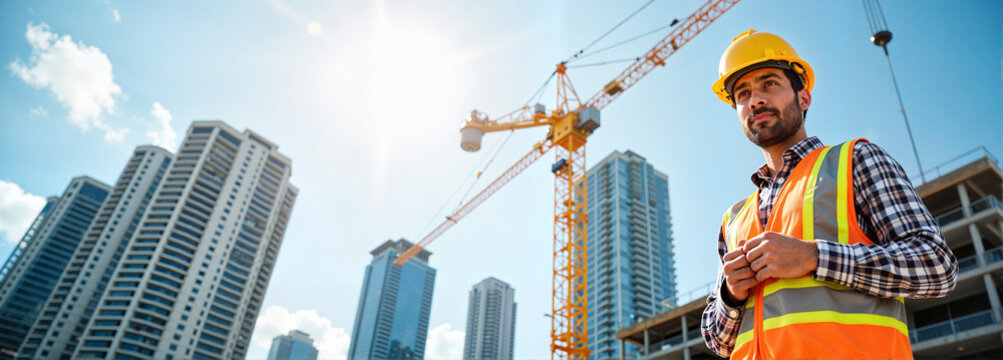 Construction Worker Standing with Crane in Background