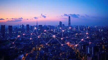 Fototapeta premium Smart city g connectivity diagram with neon lights and skyscrapers