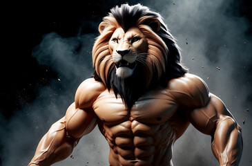 Anthropomorphic Lion with Muscular Body and Fierce Expression in Smoky Atmosphere