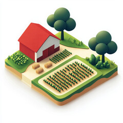 minimal isometric icon illustrating farmland with barn and crops