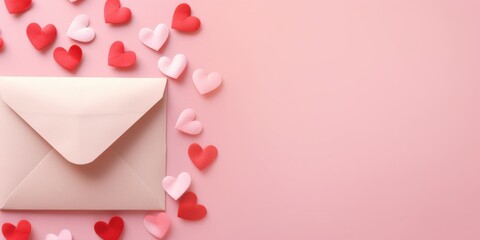 oil painting of Love envelope with heart, paper craft Flat lay on pink valentine or anniversary background with copy space.
