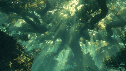 Sunlight filtering through giant ancient forest trees.