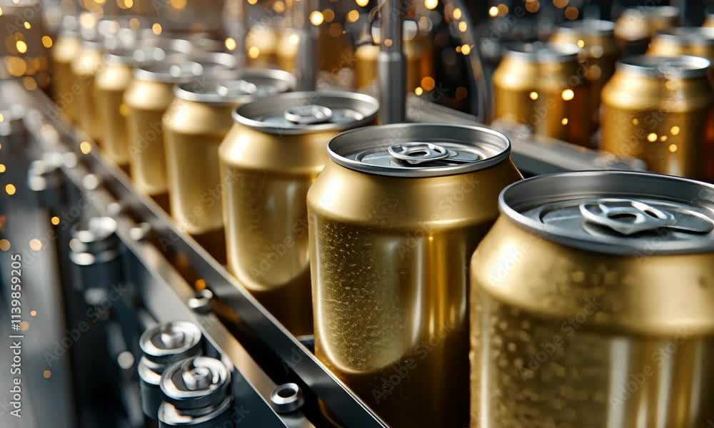 Poster cans filled with a sparkling beverage move steadily along the production line in a busy factory, sho