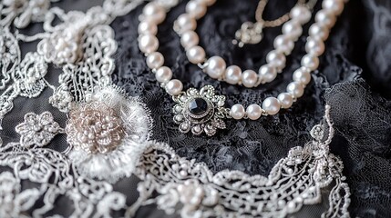 Victorian-inspired jewelry layout with delicate lace and pearls