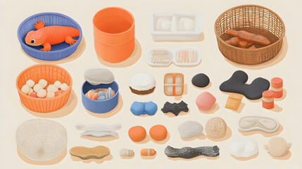 Flat lay of various pet supplies and accessories for amphibians, reptiles, or small animals.