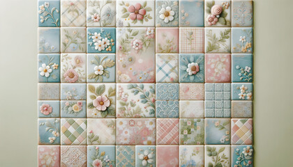 Tile A ceramic patchwork tile texture with pastel colors and soft floral patterns, perfect for a cottagec3