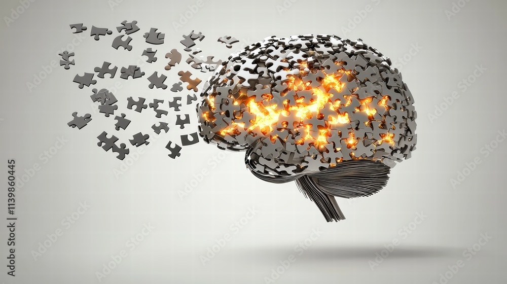 Poster conceptual design of brain with puzzle pieces and fire elements
