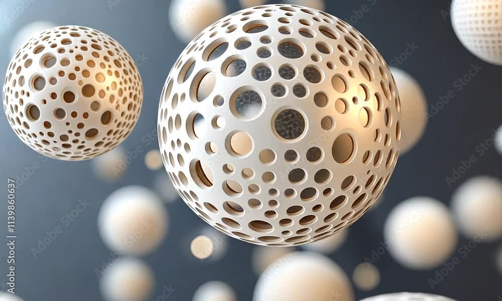 Poster detailed spherical shapes float elegantly, showcasing their unique perforated designs and intricate 
