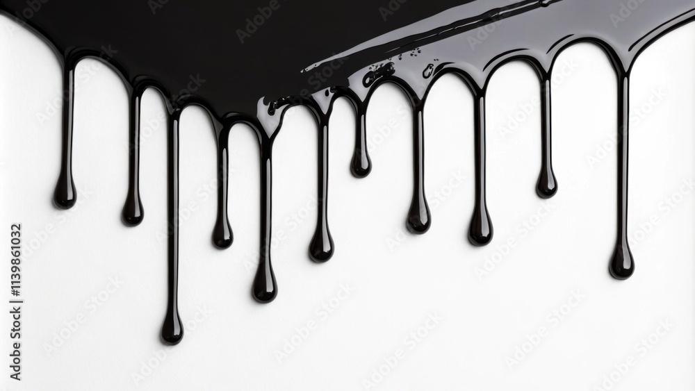 Poster black paint is dripping on a white background, creating an abstract composition with a focus on the 