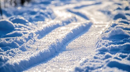 Snowy mountain ski trails with sunlit icy patches
