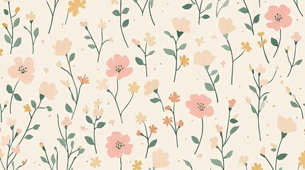 Vintage botanical pattern with soft pastel florals on a cream background