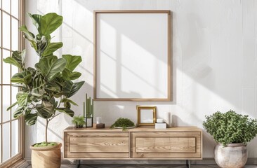 mockup ideal for interior design product presentation, allowing customization within oak frame offers a perfect backdrop for showcasing art posters, design ideas in serene natural setting.