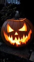 Obraz premium 109. A glowing jack-o'-lantern with a sinister grin, set against a moonlit backdrop