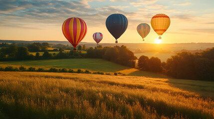 Obraz premium Sunrise Hot Air Balloons Landscape Illustration