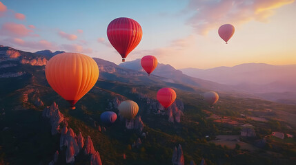 Obraz premium Sunrise Hot Air Balloons Landscape Illustration