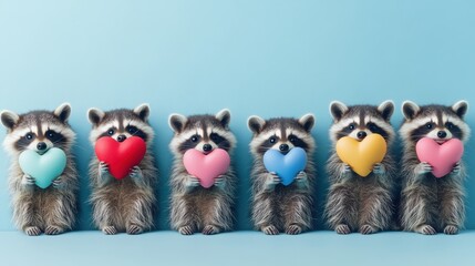 Obraz premium Adorable raccoons holding colorful hearts in their lovely paws, symbol of love and friendship, st.valentine's day concept, copy space