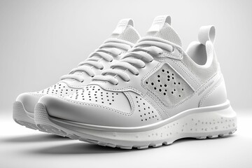 A polished white sneaker with understated perforations and smooth leather, shown on a crisp, minimal studio white background.