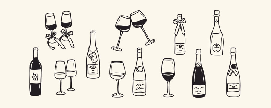 Hand drawn wine bottles and glasses collection